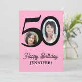 50歳の誕生日ピンクの黒い写真パーソナライズされた カード (スタンド正面)