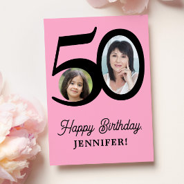 50歳の誕生日ピンクの黒い写真パーソナライズされた カード