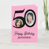 50歳の誕生日ピンクの黒い写真パーソナライズされた カード (正面)