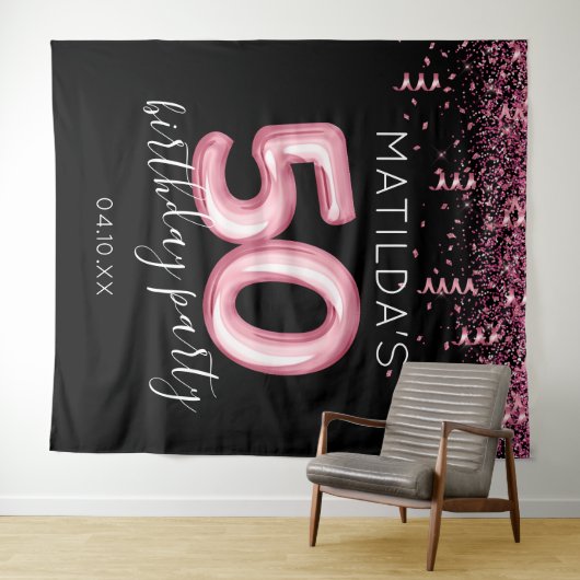 50歳の誕生日ピンクグリッター写真背景 タペストリー (インサイチュ(横))