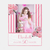 50歳の誕生日ピンクストライプ花模様の写真名 フリースブランケット (正面)