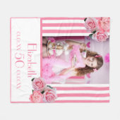 50歳の誕生日ピンクストライプ花模様の写真名 フリースブランケット (正面(横))