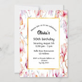 50歳の誕生日ピンクマグノリア花模様白金ゴールド マグネット招待状 (正面)