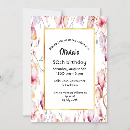 50歳の誕生日ピンクマグノリア花模様白金ゴールド マグネット招待状 (正面)