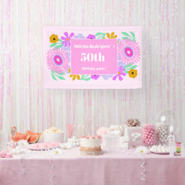 50歳の誕生日ピンクモダンかわいい花の chic バナー 横断幕
