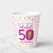 50歳の誕生日ピンク黄色の紙吹雪2枚 紙コップ (正面)