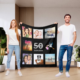 50歳の誕生日フォトコラージュ黒 フリースブランケット