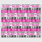 50歳の誕生日フォトピンク白黒ストライプ ラッピングペーパー (フラット)