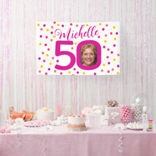 50歳の誕生日フォトピンク色の黄色い紙吹雪点 横断幕