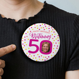 50歳の誕生日フォトピンク黄金色の紙吹雪 缶バッジ