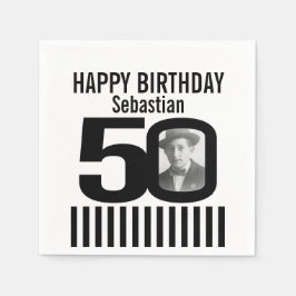 50歳の誕生日フォトブラックストライプフォトナプキン スタンダードカクテルナプキン