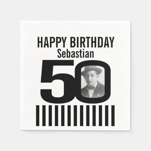 50歳の誕生日フォトブラックストライプフォトナプキン スタンダードカクテルナプキン (正面)