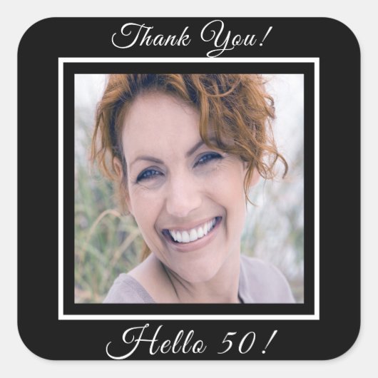 50歳の誕生日フォトブラック感謝していユー スクエアシール (正面)