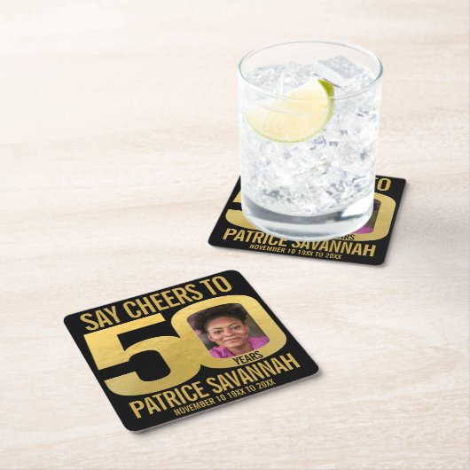 50歳の誕生日フォト応援ブラックと金ゴールドナプキン スクエアペーパーコースター (インサイチュ)