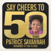 50歳の誕生日フォト応援ブラックと金ゴールドナプキン スクエアペーパーコースター (正面)