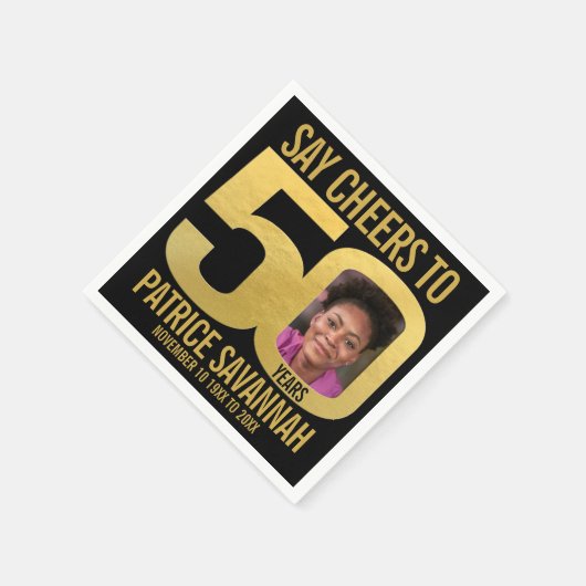 50歳の誕生日フォト応援ブラックと金ゴールドナプキン スタンダードカクテルナプキン (角)