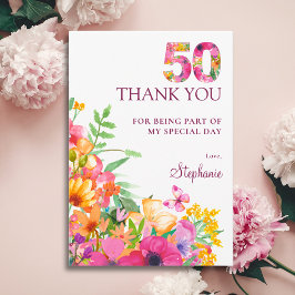 50歳の誕生日フラワーと蝶への感謝 サンキューカード