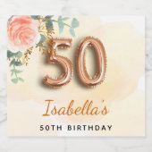 50歳の誕生日フローラバラ金ゴールドユーカリ・モノグラム スパークリングワインラベル (シングルラベル)