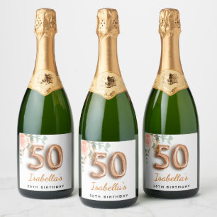 50歳の誕生日フローラバラ金ゴールドユーカリ・モノグラム スパークリングワインラベル