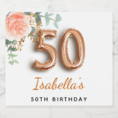 50歳の誕生日フローラバラ金ゴールドユーカリ・モノグラム スパークリングワインラベル (シングルラベル)