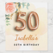 50歳の誕生日フローラバラ金ゴールドユーカリ・モノグラム ワインラベル (シングルラベル)