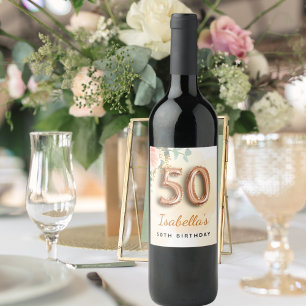50歳の誕生日フローラバラ金ゴールドユーカリ・モノグラム ワインラベル