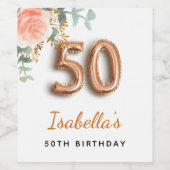 50歳の誕生日フローラバラ金ゴールドユーカリ・モノグラム ワインラベル (シングルラベル)