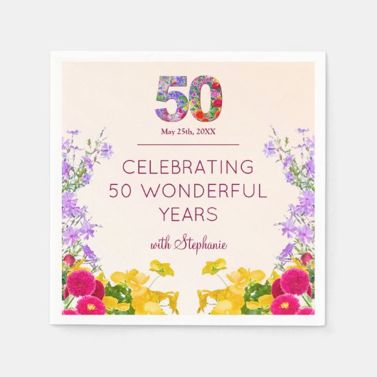 50歳の誕生日フローラモダン50歳のパーティー スタンダードカクテルナプキン (正面)