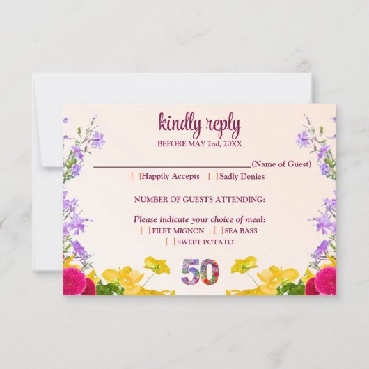 50歳の誕生日フローラモダン50歳のパーティー 出欠カード (正面)