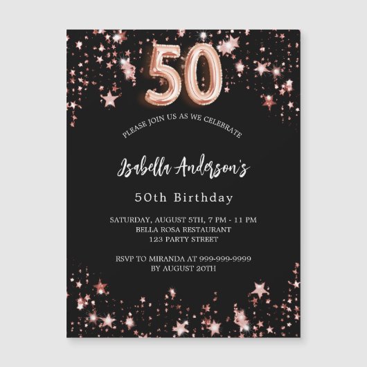 50歳の誕生日ブラックバラ金ゴールドスターズ マグネット招待状 (正面)