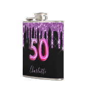 50歳の誕生日ブラックパープルグリッタースクリプトの友人 フラスク (左)