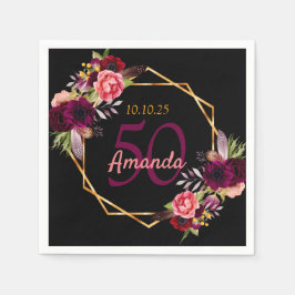 50歳の誕生日ブラックフローラ金ゴールド幾何学模様 スタンダードカクテルナプキン