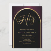 50歳の誕生日ブラックブルゴーニュ金ゴールドアーチスクリプト 招待状 (正面)