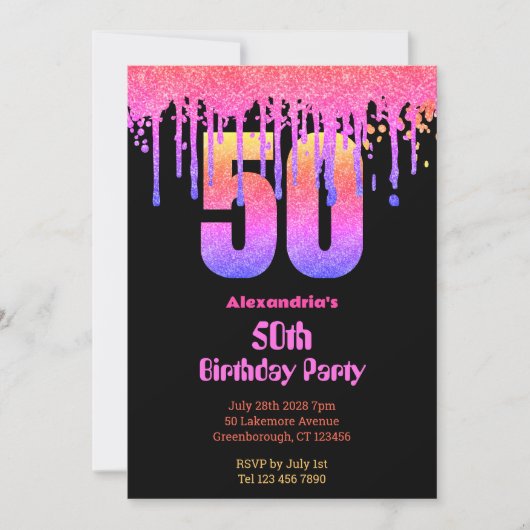 50歳の誕生日ブラックホットピンクグラデーショングリッターパーティー 招待状 (正面)