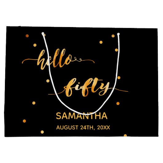 50歳の誕生日ブラック金ゴールドこんにちは50タイポグラフィ ラージペーパーバッグ (裏面)