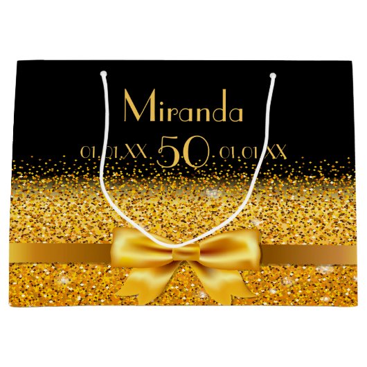 50歳の誕生日ブラック金ゴールドの弓が輝く ラージペーパーバッグ (正面)