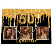 50歳の誕生日ブラック金ゴールドグリッタードリップフォト ラージペーパーバッグ (正面)
