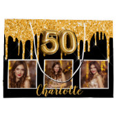 50歳の誕生日ブラック金ゴールドグリッタードリップフォト ラージペーパーバッグ (裏面)