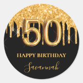 50歳の誕生日ブラック金ゴールドグリッターバルーンパーティー ラウンドシール (正面)