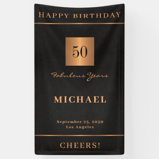 50歳の誕生日ブラック金ゴールドハッピーバースデーパーティー 横断幕 (縦)