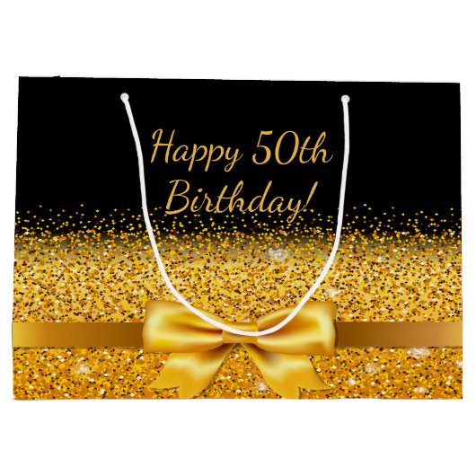 50歳の誕生日ブラック金ゴールドボウクラシック エレガント ラージペーパーバッグ (裏面)