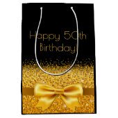 50歳の誕生日ブラック金ゴールドボウ ミディアムペーパーバッグ (正面)