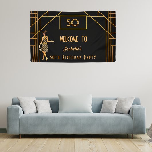 50歳の誕生日ブラック金ゴールド1920年代アート・デコスタイル 横断幕