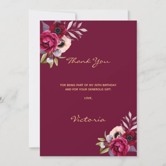 50歳の誕生日ブルゴーニュフローラ白サンキューカード 招待状 (裏面)
