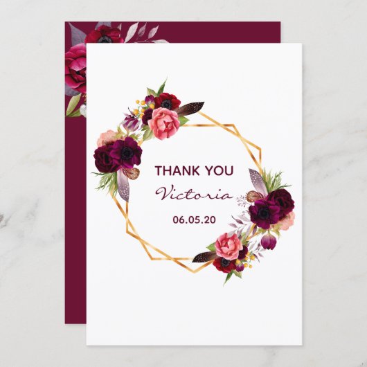 50歳の誕生日ブルゴーニュフローラ白サンキューカード 招待状 (正面/裏面)