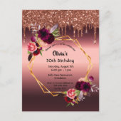 50歳の誕生日ブルゴーニュ花模様グリッター招待 ポストカード (正面)