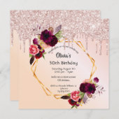 50歳の誕生日ブルゴーニュ花模様バラ金ゴールドグリッター 招待状 (正面/裏面)