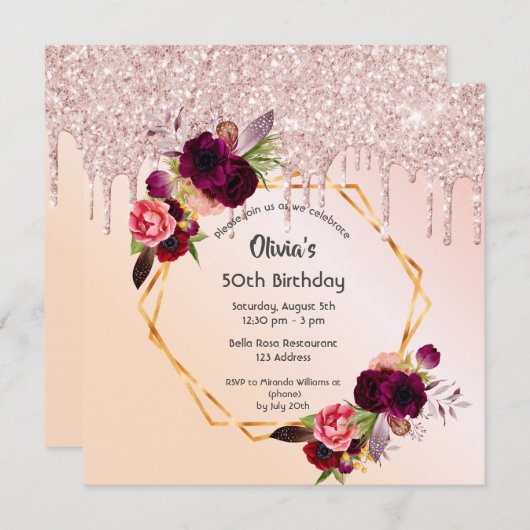 50歳の誕生日ブルゴーニュ花模様バラ金ゴールドグリッター 招待状 (正面/裏面)