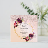 50歳の誕生日ブルゴーニュ花模様バラ金ゴールドグリッター 招待状 (スタンド正面)