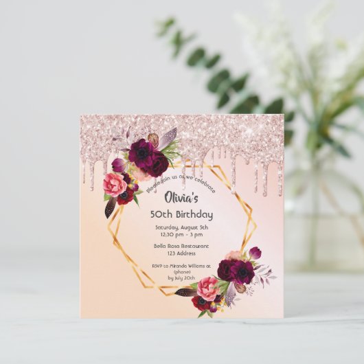 50歳の誕生日ブルゴーニュ花模様バラ金ゴールドグリッター 招待状 (スタンド正面)